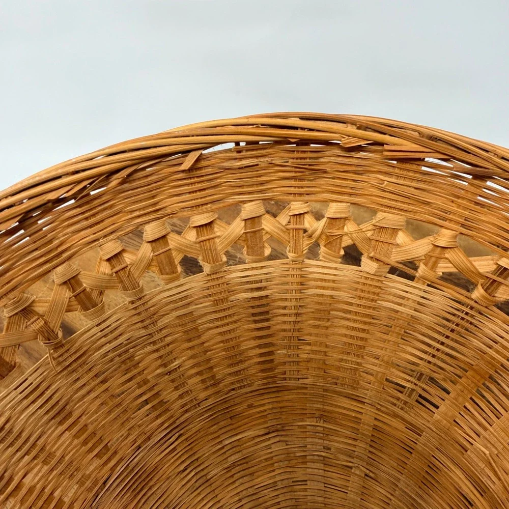 Vintage Woven Bamboo Round Basket Bowl Boho Decor 12 Inch
